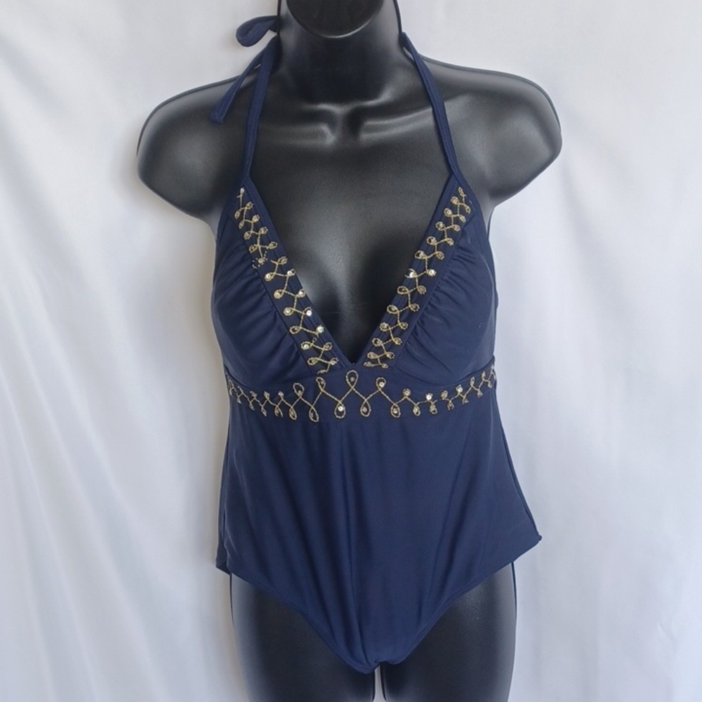 Beach native bathing suit size 12 Navy Blue  Gold Trim, Sequins, Halter